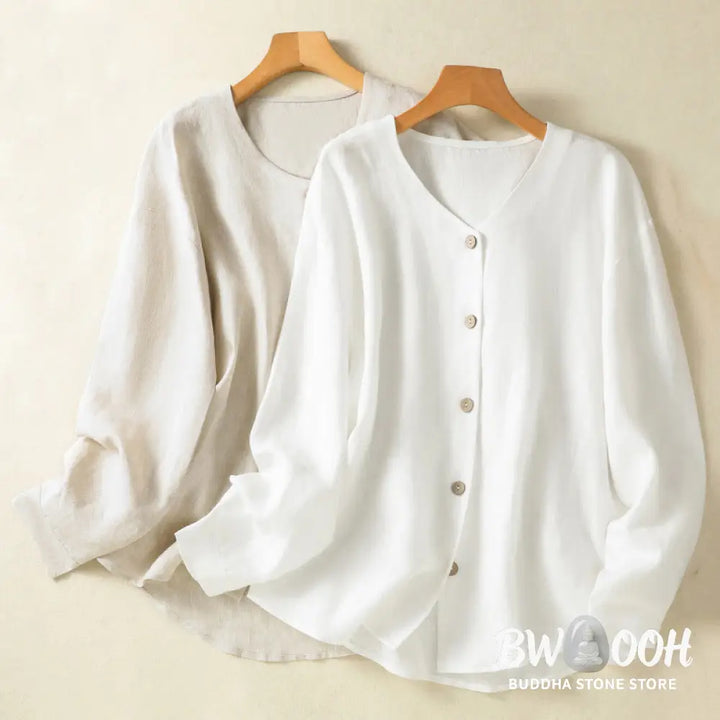 Buddha Stones Spring Plain Buttons Design V-Neck Long Sleeve Women’s Cotton Linen Shirt - Women’s Shirts