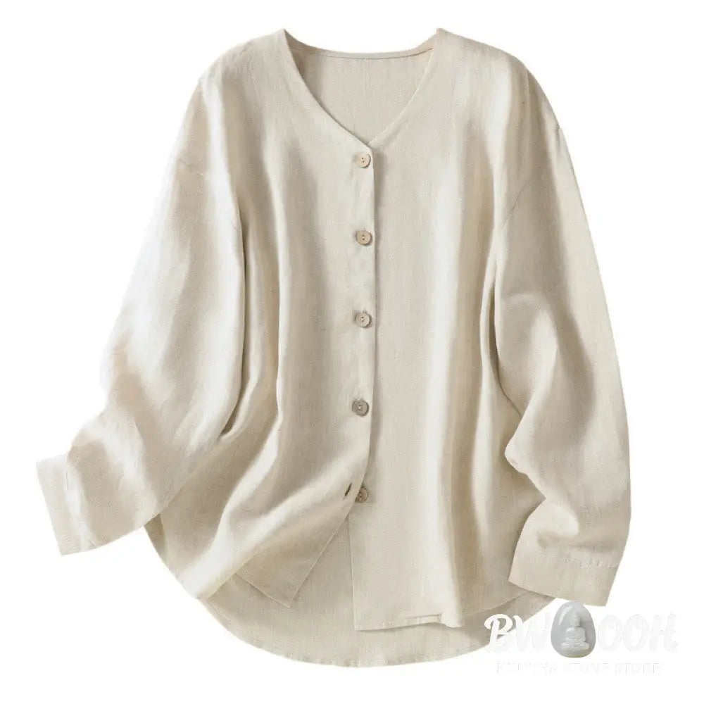 Buddha Stones Spring Plain Buttons Design V-Neck Long Sleeve Women’s Cotton Linen Shirt - Women’s Shirts