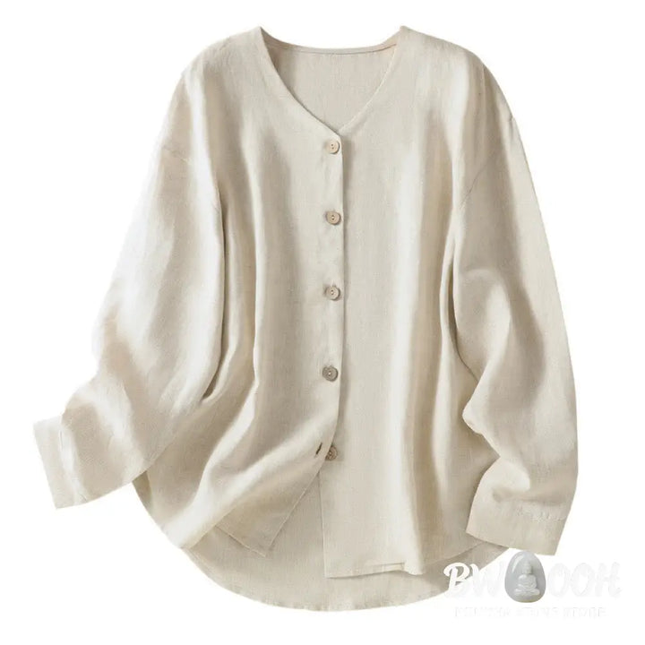 Buddha Stones Spring Plain Buttons Design V-Neck Long Sleeve Women’s Cotton Linen Shirt - Women’s Shirts