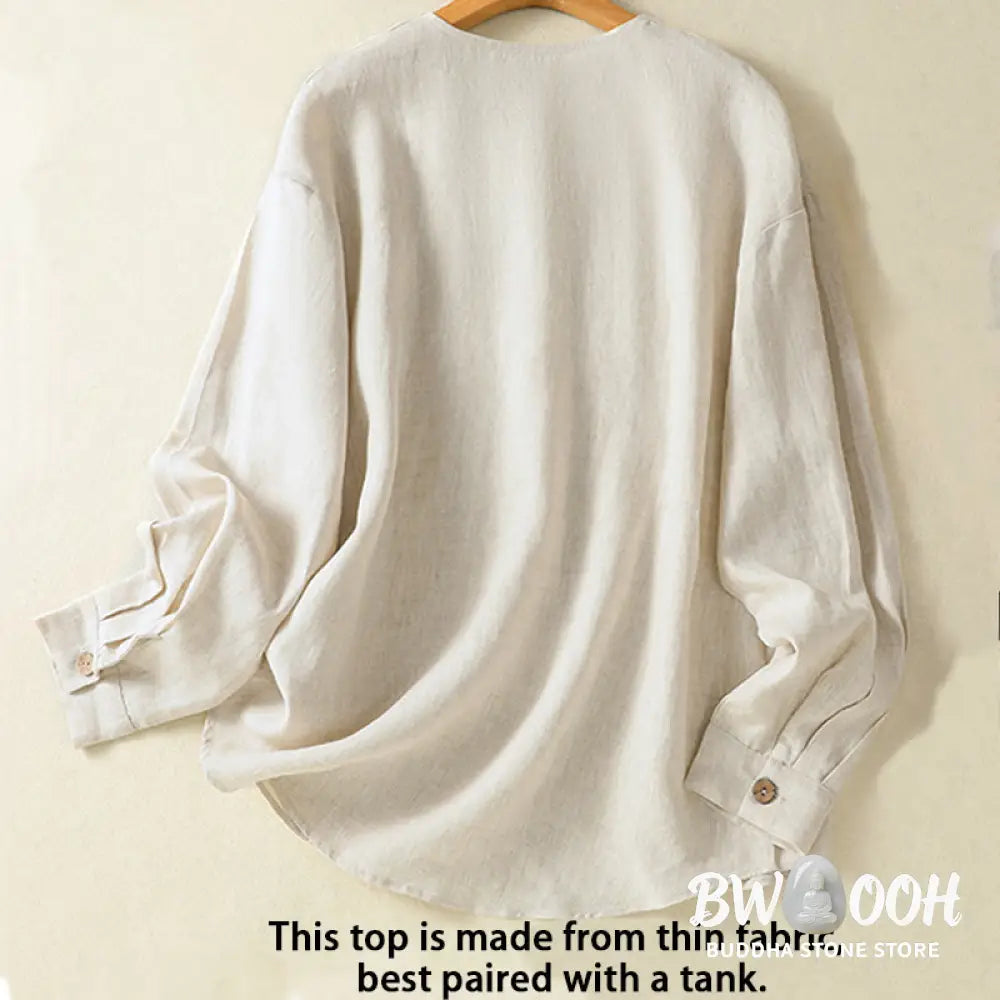 Buddha Stones Spring Plain Buttons Design V-Neck Long Sleeve Women’s Cotton Linen Shirt - Women’s Shirts