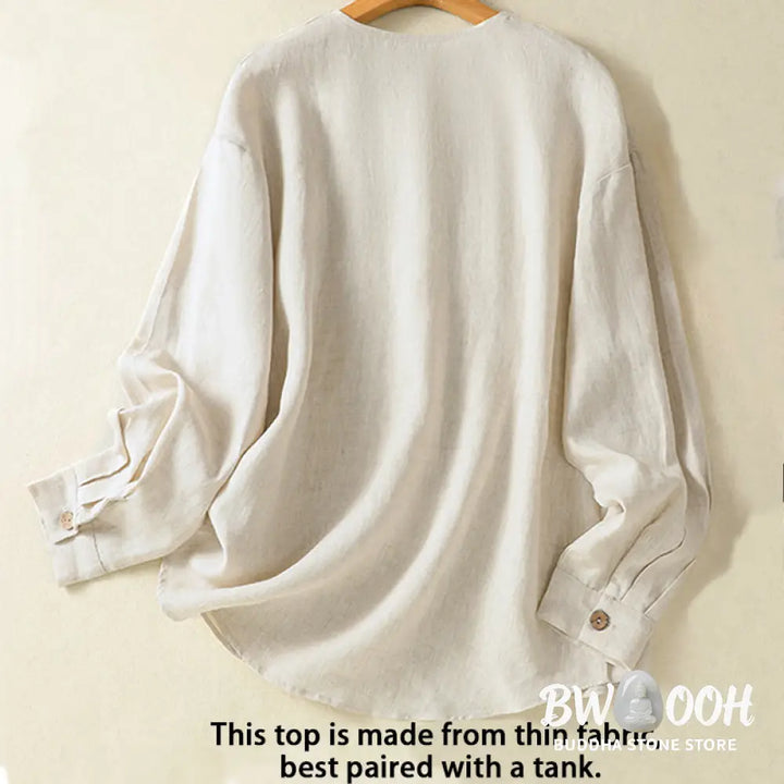 Buddha Stones Spring Plain Buttons Design V-Neck Long Sleeve Women’s Cotton Linen Shirt - Women’s Shirts