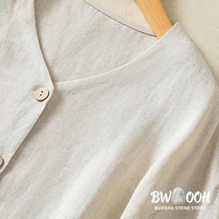 Buddha Stones Spring Plain Buttons Design V-Neck Long Sleeve Women’s Cotton Linen Shirt - Women’s Shirts