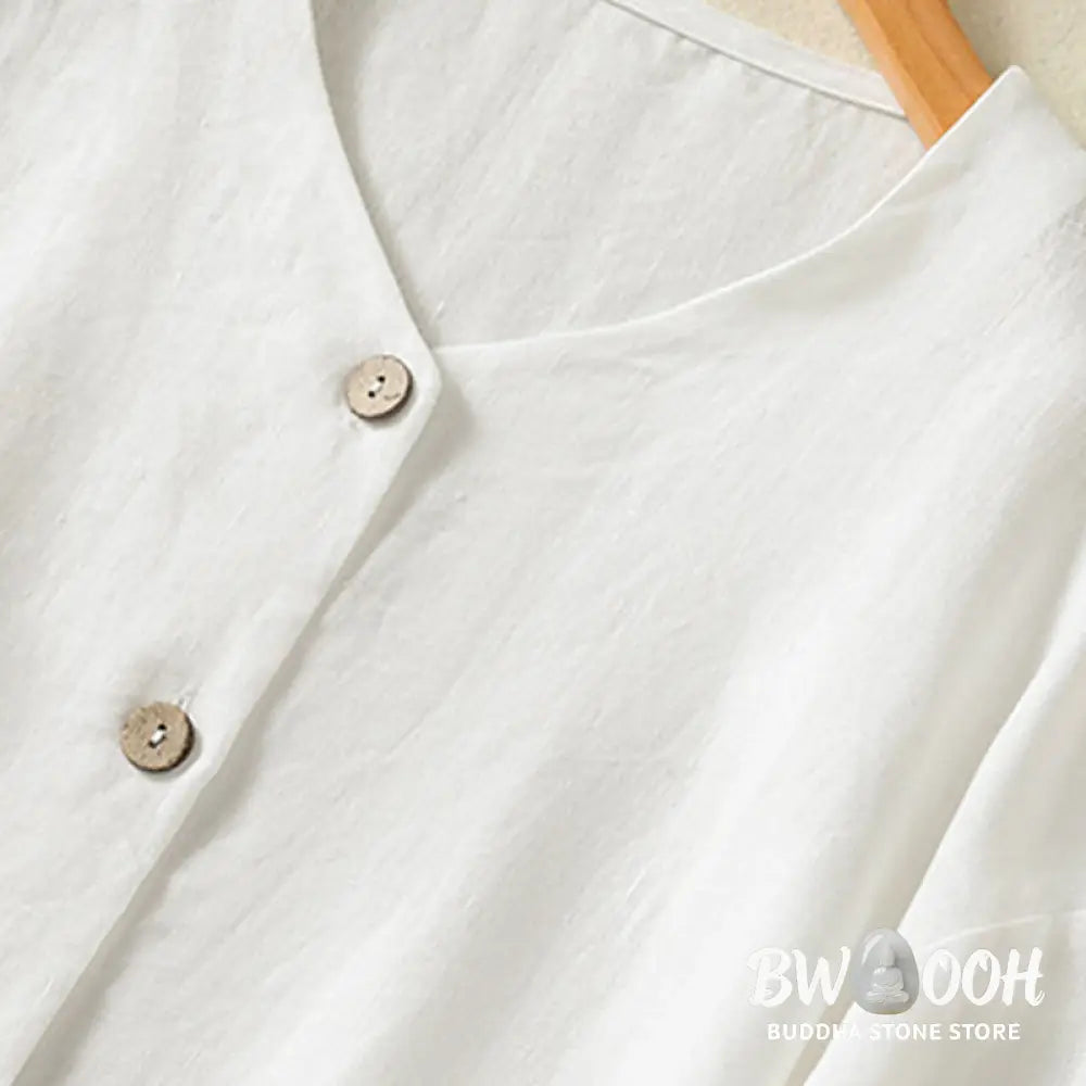 Buddha Stones Spring Plain Buttons Design V-Neck Long Sleeve Women’s Cotton Linen Shirt - Women’s Shirts