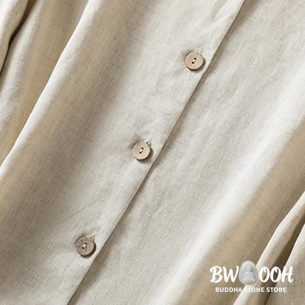 Buddha Stones Spring Plain Buttons Design V-Neck Long Sleeve Women’s Cotton Linen Shirt - Women’s Shirts