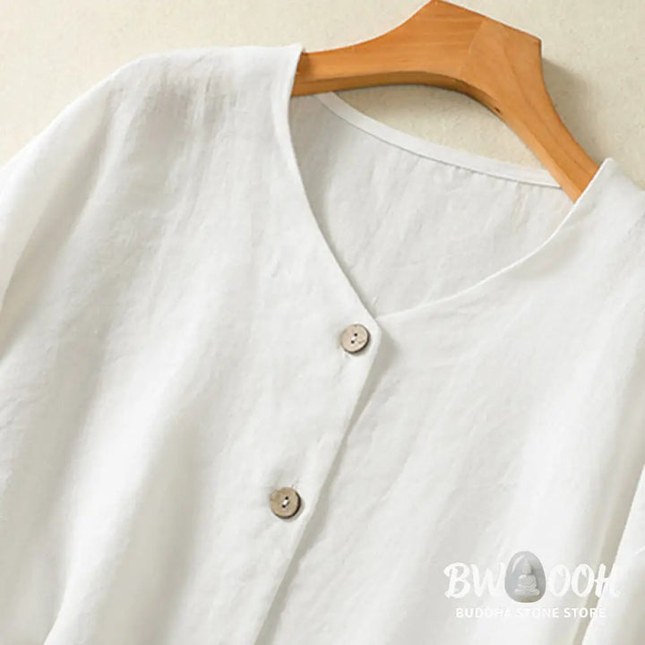 Buddha Stones Spring Plain Buttons Design V-Neck Long Sleeve Women’s Cotton Linen Shirt - Women’s Shirts