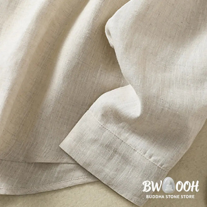 Buddha Stones Spring Plain Buttons Design V-Neck Long Sleeve Women’s Cotton Linen Shirt - Women’s Shirts