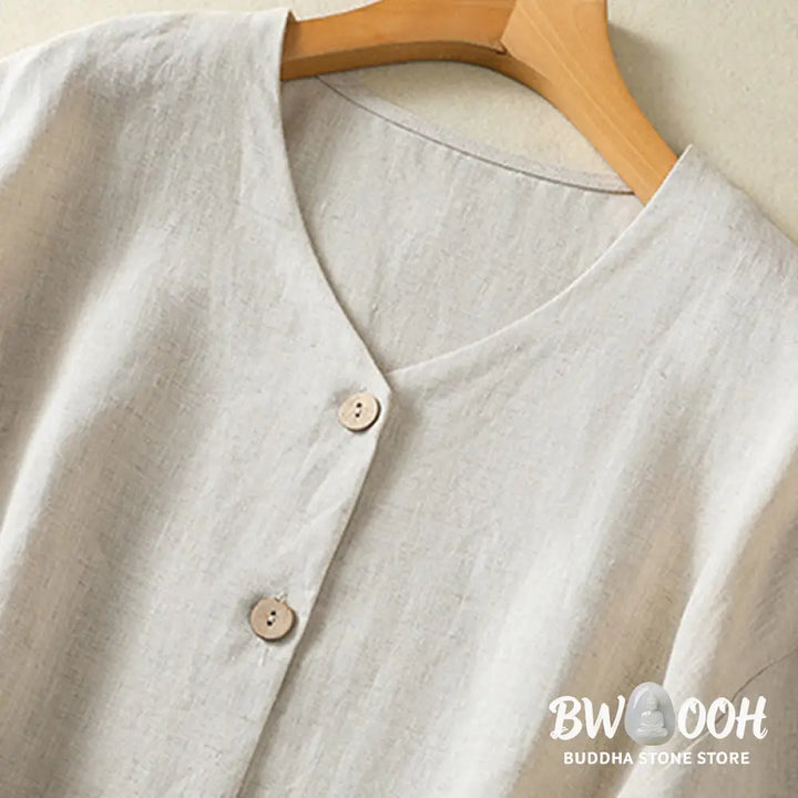 Buddha Stones Spring Plain Buttons Design V-Neck Long Sleeve Women’s Cotton Linen Shirt - Women’s Shirts