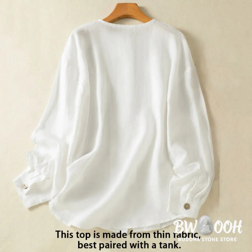 Buddha Stones Spring Plain Buttons Design V-Neck Long Sleeve Women’s Cotton Linen Shirt - Women’s Shirts