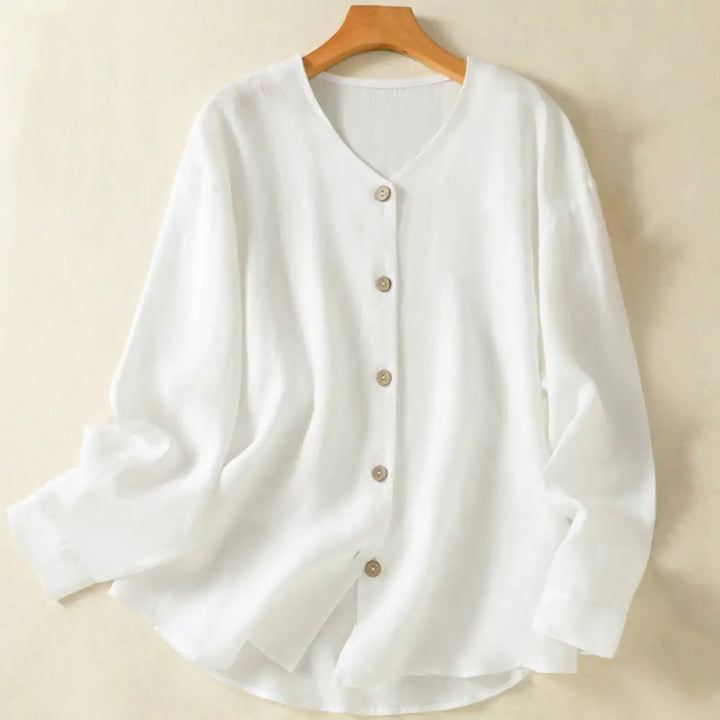 Buddha Stones Spring Plain Buttons Design V-Neck Long Sleeve Women’s Cotton Linen Shirt - White / US6，UK/AU10，EU38 (M)