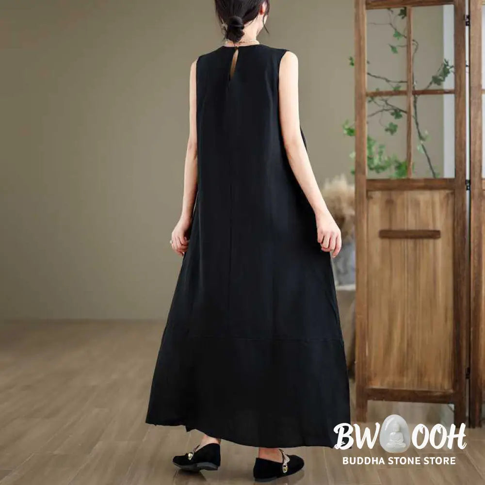 Buddha Stones Spring Plain Irregular Sleeveless Cotton Linen Midi Dress With Pockets - Midi Dress