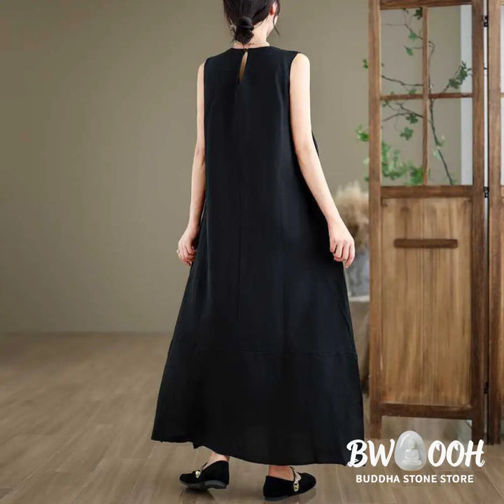 Buddha Stones Spring Plain Irregular Sleeveless Cotton Linen Midi Dress With Pockets - Midi Dress