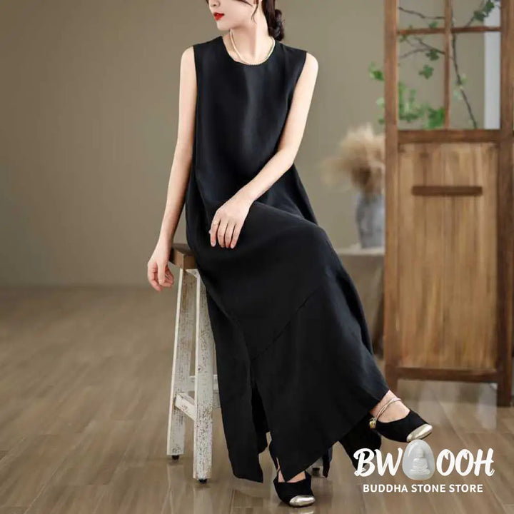 Buddha Stones Spring Plain Irregular Sleeveless Cotton Linen Midi Dress With Pockets - Midi Dress