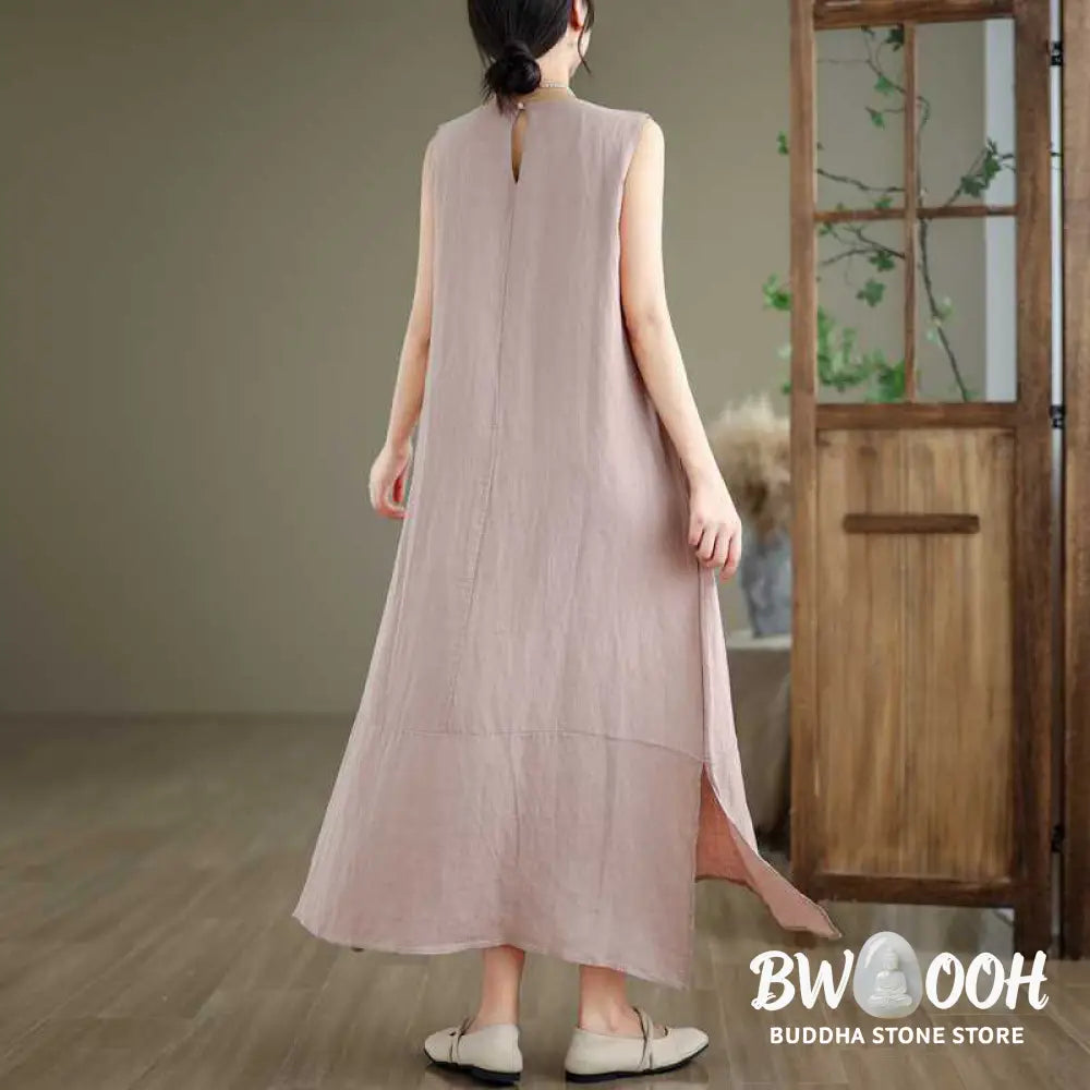 Buddha Stones Spring Plain Irregular Sleeveless Cotton Linen Midi Dress With Pockets - Midi Dress