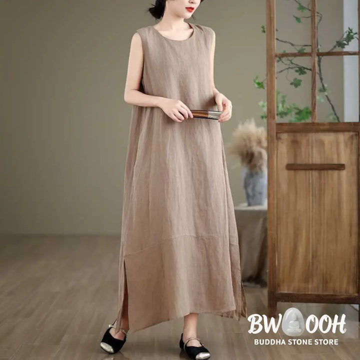 Buddha Stones Spring Plain Irregular Sleeveless Cotton Linen Midi Dress With Pockets - Midi Dress