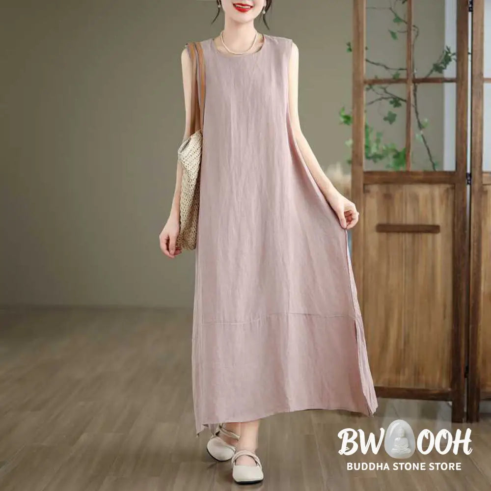 Buddha Stones Spring Plain Irregular Sleeveless Cotton Linen Midi Dress With Pockets - Midi Dress