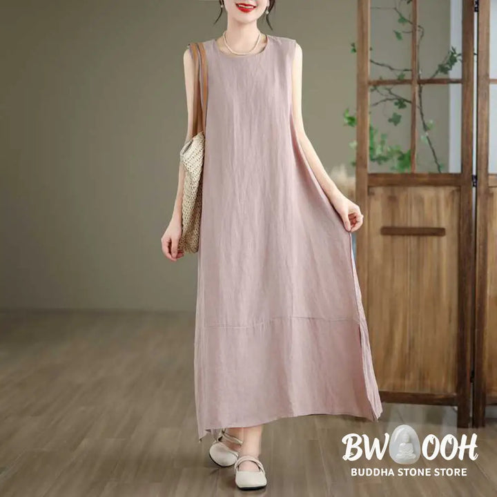 Buddha Stones Spring Plain Irregular Sleeveless Cotton Linen Midi Dress With Pockets - Midi Dress