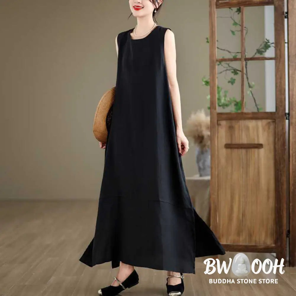 Buddha Stones Spring Plain Irregular Sleeveless Cotton Linen Midi Dress With Pockets - Midi Dress