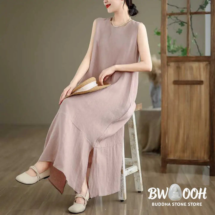 Buddha Stones Spring Plain Irregular Sleeveless Cotton Linen Midi Dress With Pockets - Midi Dress