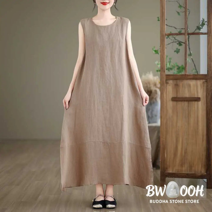 Buddha Stones Spring Plain Irregular Sleeveless Cotton Linen Midi Dress With Pockets - Midi Dress