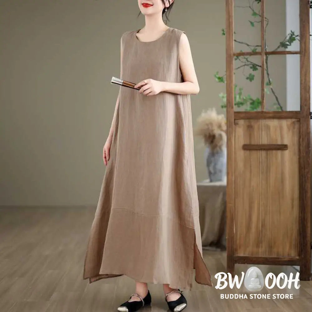Buddha Stones Spring Plain Irregular Sleeveless Cotton Linen Midi Dress With Pockets - Midi Dress