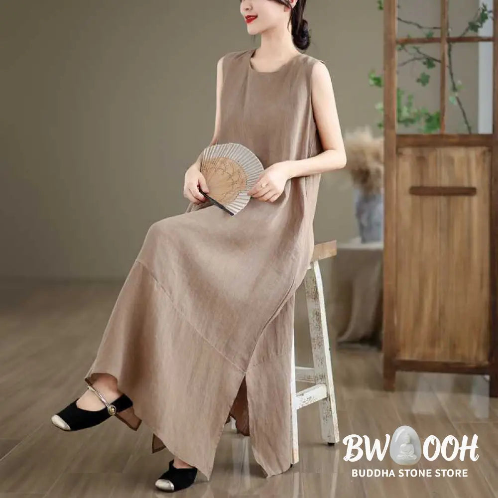 Buddha Stones Spring Plain Irregular Sleeveless Cotton Linen Midi Dress With Pockets - Midi Dress