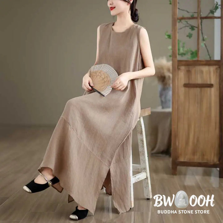 Buddha Stones Spring Plain Irregular Sleeveless Cotton Linen Midi Dress With Pockets - Midi Dress