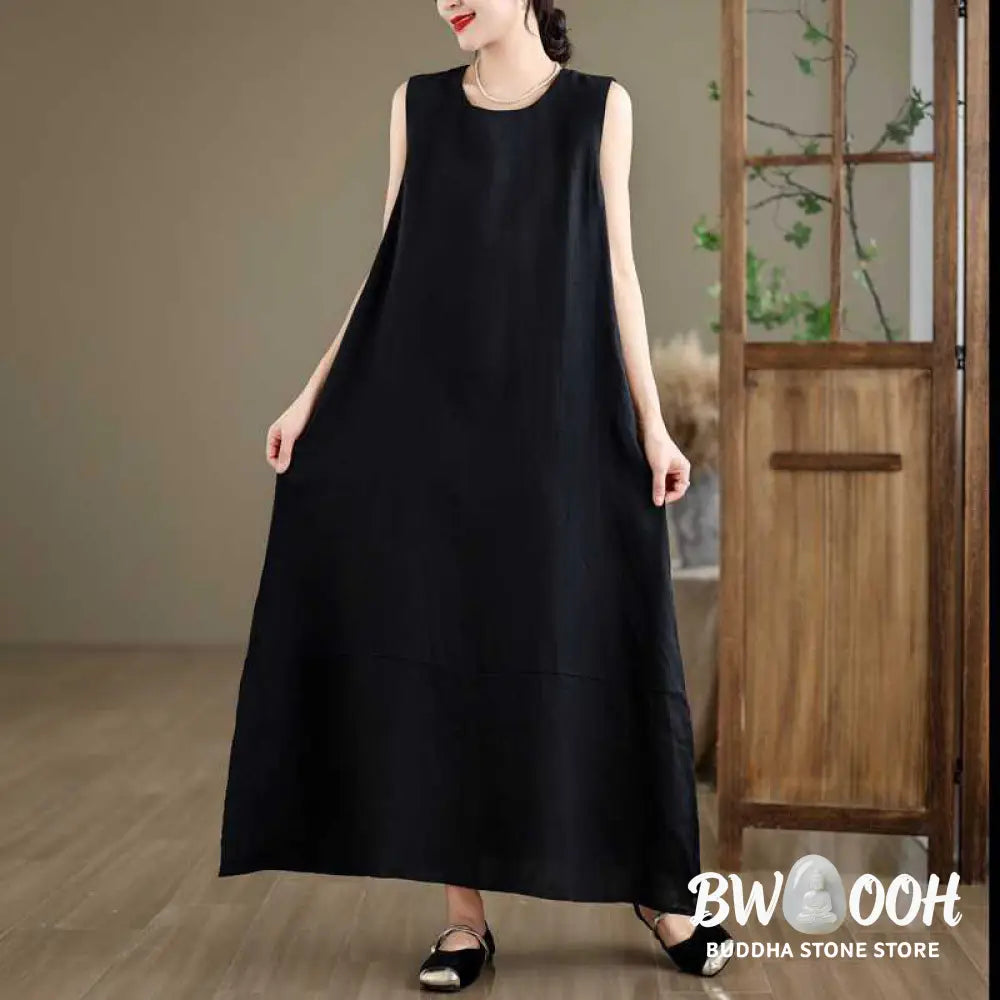 Buddha Stones Spring Plain Irregular Sleeveless Cotton Linen Midi Dress With Pockets - Midi Dress