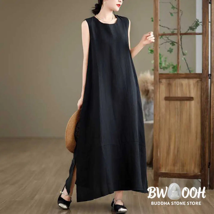 Buddha Stones Spring Plain Irregular Sleeveless Cotton Linen Midi Dress With Pockets - Midi Dress