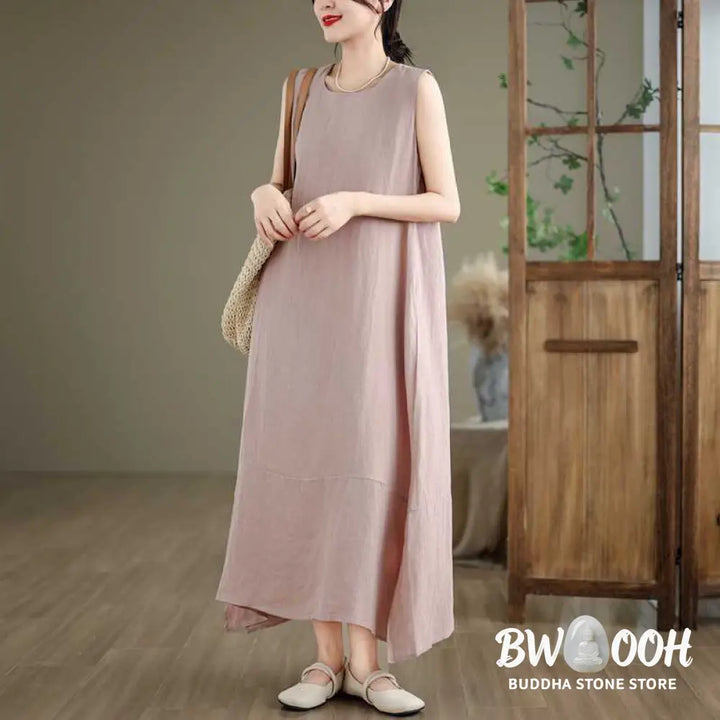 Buddha Stones Spring Plain Irregular Sleeveless Cotton Linen Midi Dress With Pockets - Midi Dress