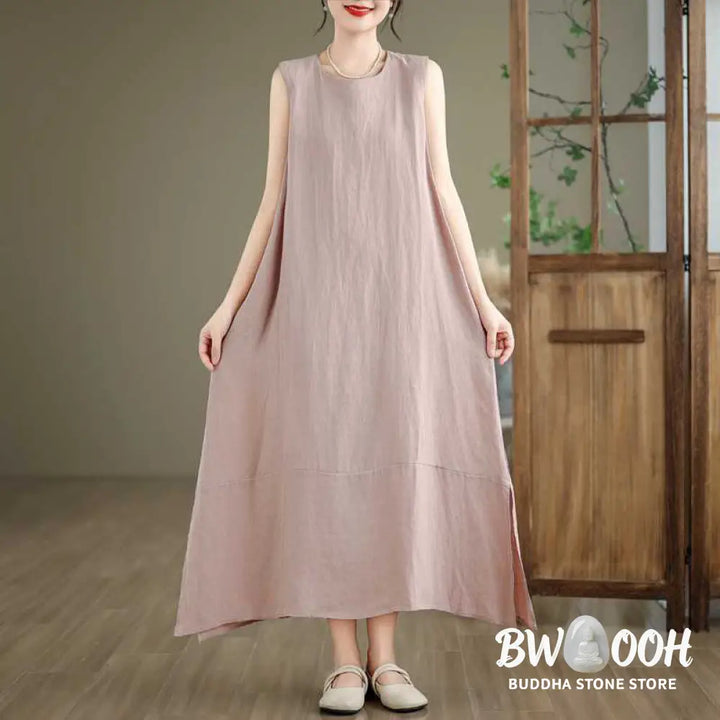 Buddha Stones Spring Plain Irregular Sleeveless Cotton Linen Midi Dress With Pockets - Midi Dress