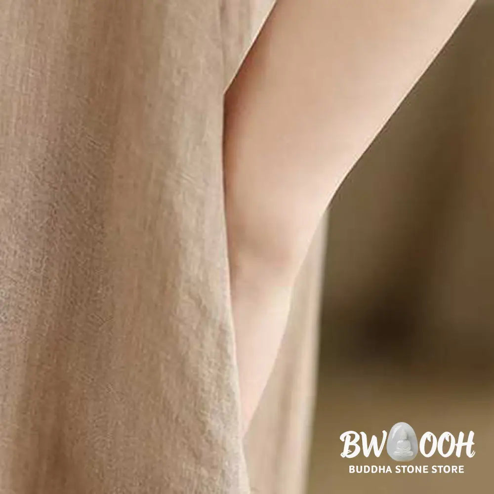 Buddha Stones Spring Plain Irregular Sleeveless Cotton Linen Midi Dress With Pockets - Midi Dress