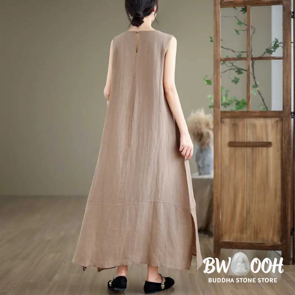Buddha Stones Spring Plain Irregular Sleeveless Cotton Linen Midi Dress With Pockets - Midi Dress