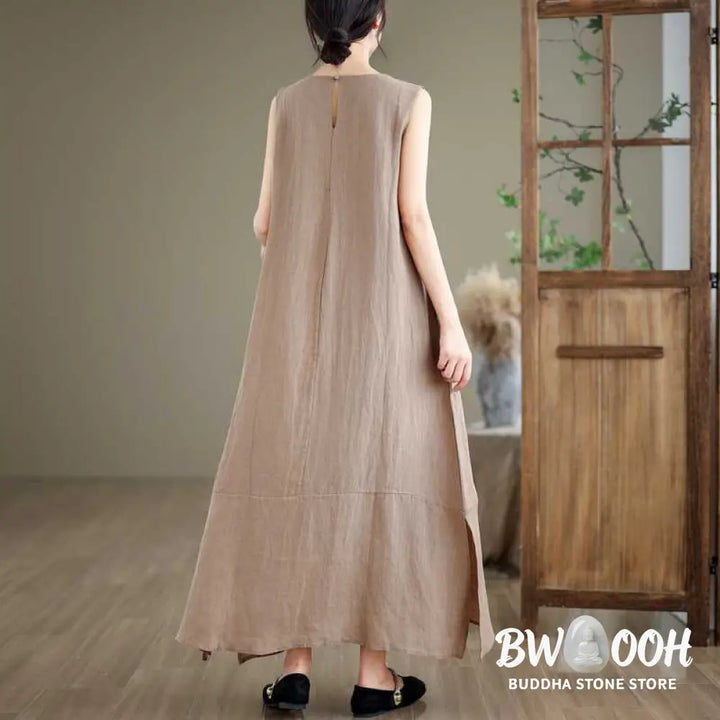 Buddha Stones Spring Plain Irregular Sleeveless Cotton Linen Midi Dress With Pockets - Midi Dress