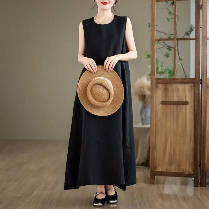 Buddha Stones Spring Plain Irregular Sleeveless Cotton Linen Midi Dress With Pockets - Black / US4，UK/AU8，EU36 (L)