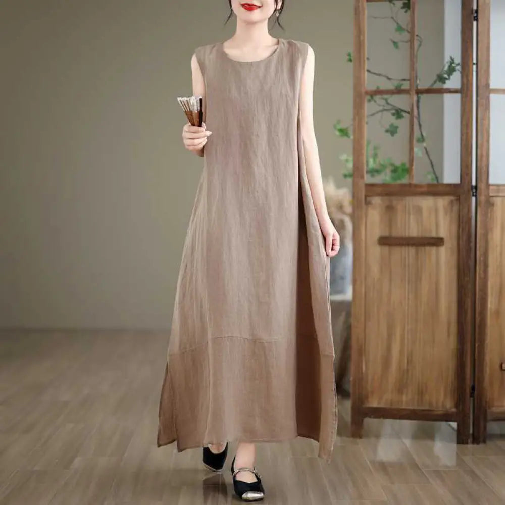 BWOOOH Spring Plain Irregular Sleeveless Cotton Linen Mid