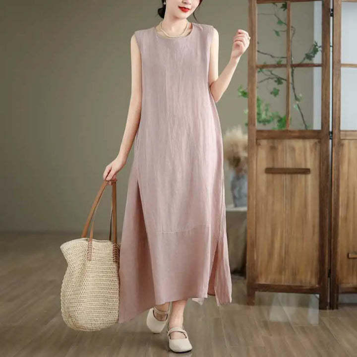 Buddha Stones Spring Plain Irregular Sleeveless Cotton Linen Midi Dress With Pockets - Thistle / US4，UK/AU8，EU36 (L)