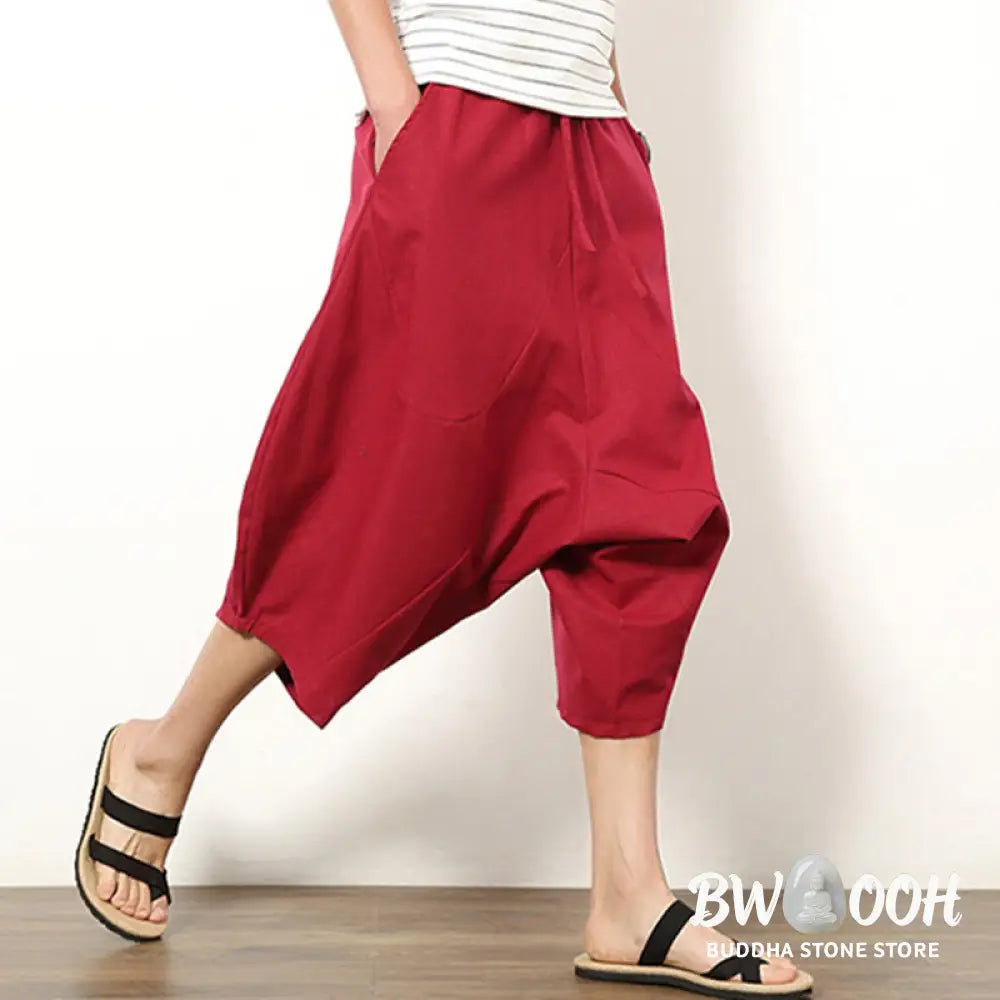 Buddha Stones Spring Plain Simple Patchwork Design Drawstring Cotton Linen Men’s 7-8 Length Wide Leg Pants With Pockets