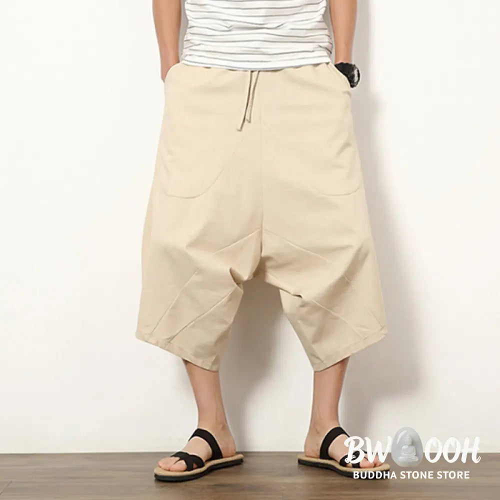 Buddha Stones Spring Plain Simple Patchwork Design Drawstring Cotton Linen Men’s 7-8 Length Wide Leg Pants With Pockets