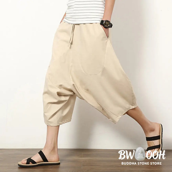 Buddha Stones Spring Plain Simple Patchwork Design Drawstring Cotton Linen Men’s 7-8 Length Wide Leg Pants With Pockets