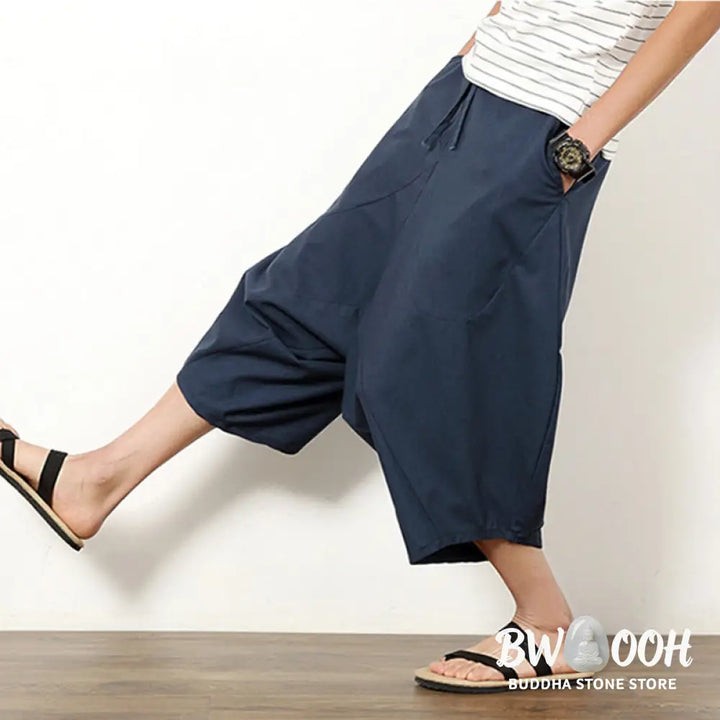 Buddha Stones Spring Plain Simple Patchwork Design Drawstring Cotton Linen Men’s 7-8 Length Wide Leg Pants With Pockets
