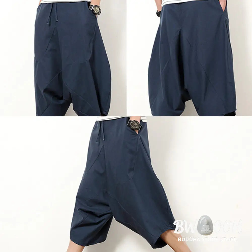 Buddha Stones Spring Plain Simple Patchwork Design Drawstring Cotton Linen Men’s 7-8 Length Wide Leg Pants With Pockets