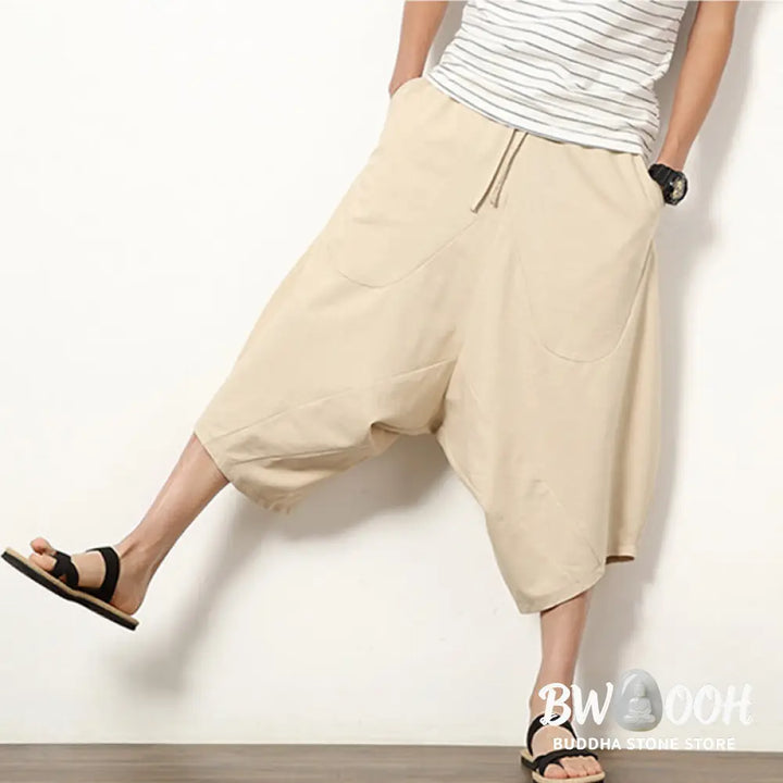 Buddha Stones Spring Plain Simple Patchwork Design Drawstring Cotton Linen Men’s 7-8 Length Wide Leg Pants With Pockets