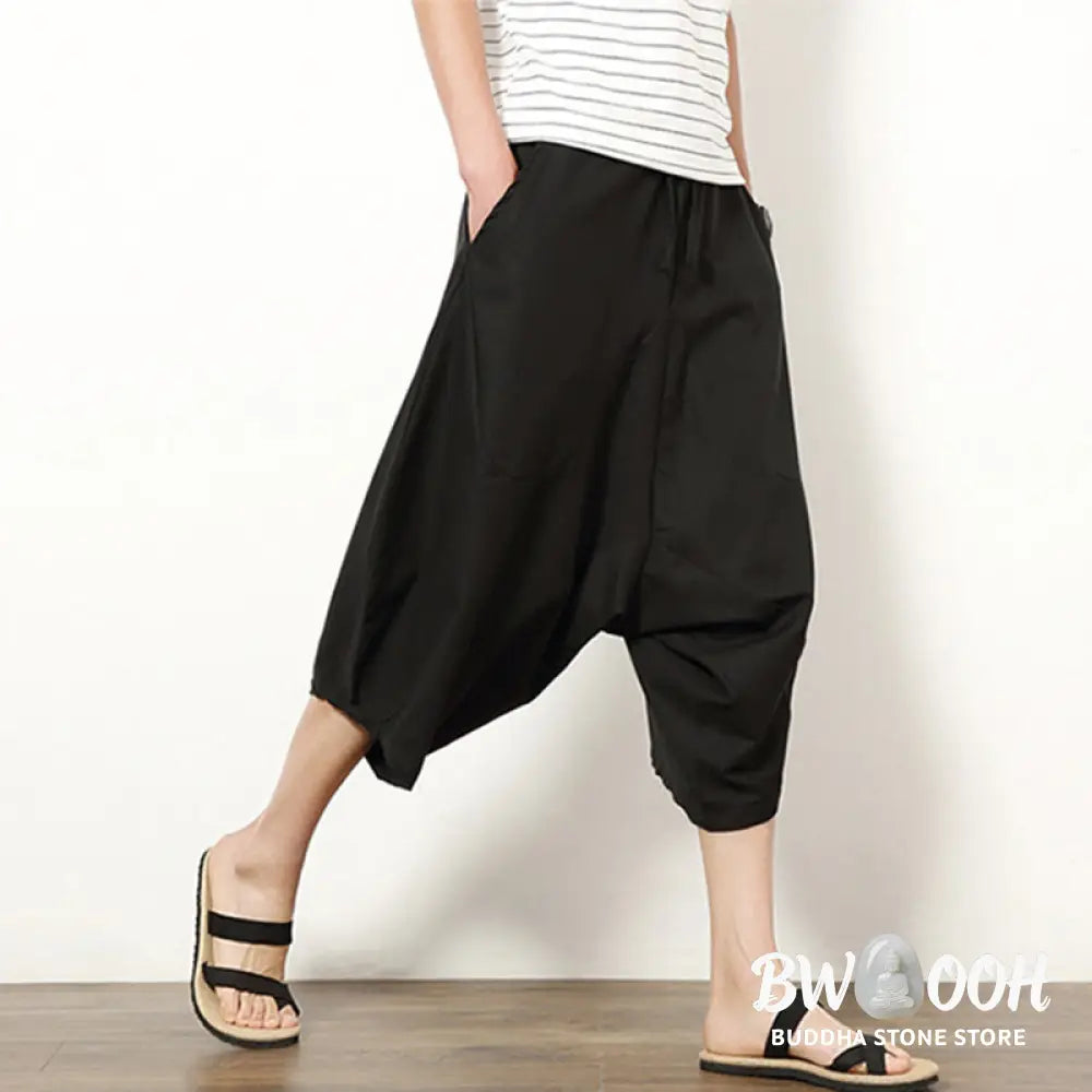 Buddha Stones Spring Plain Simple Patchwork Design Drawstring Cotton Linen Men’s 7-8 Length Wide Leg Pants With Pockets
