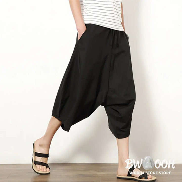 Buddha Stones Spring Plain Simple Patchwork Design Drawstring Cotton Linen Men’s 7-8 Length Wide Leg Pants With Pockets