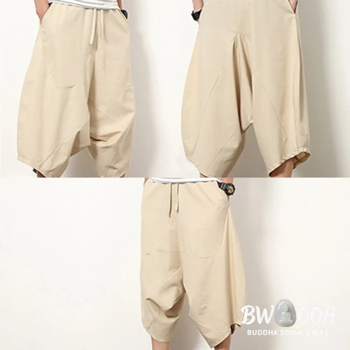 Buddha Stones Spring Plain Simple Patchwork Design Drawstring Cotton Linen Men’s 7-8 Length Wide Leg Pants With Pockets