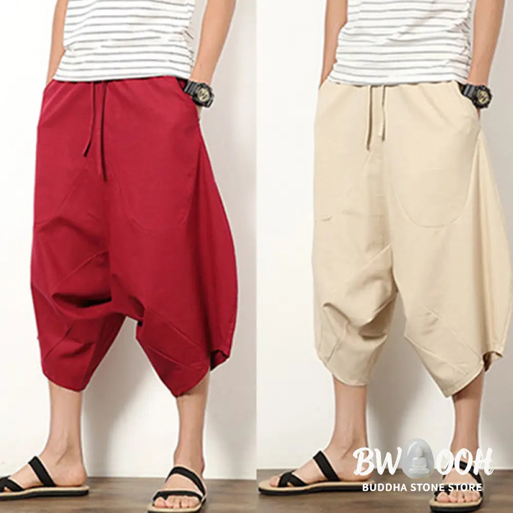 Buddha Stones Spring Plain Simple Patchwork Design Drawstring Cotton Linen Men’s 7-8 Length Wide Leg Pants With Pockets