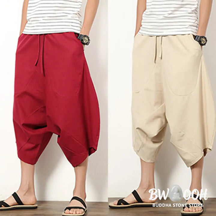 Buddha Stones Spring Plain Simple Patchwork Design Drawstring Cotton Linen Men’s 7-8 Length Wide Leg Pants With Pockets