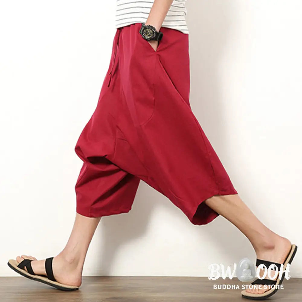 Buddha Stones Spring Plain Simple Patchwork Design Drawstring Cotton Linen Men’s 7-8 Length Wide Leg Pants With Pockets