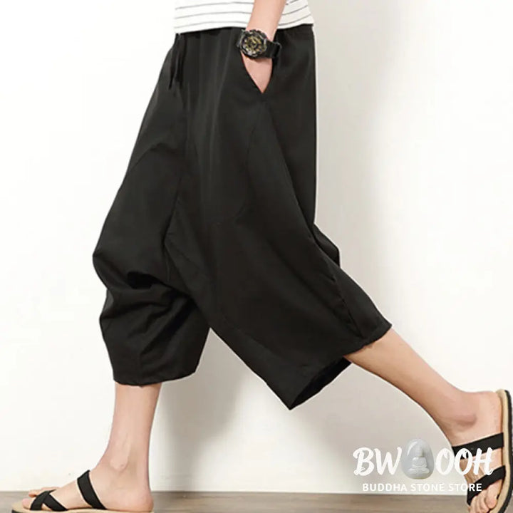 Buddha Stones Spring Plain Simple Patchwork Design Drawstring Cotton Linen Men’s 7-8 Length Wide Leg Pants With Pockets