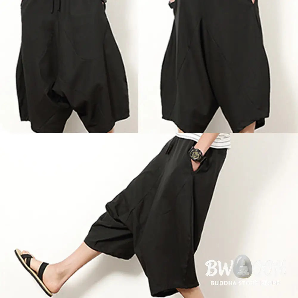 Buddha Stones Spring Plain Simple Patchwork Design Drawstring Cotton Linen Men’s 7-8 Length Wide Leg Pants With Pockets